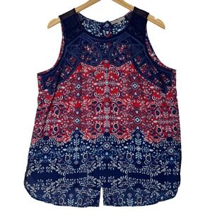 Boho Embroidered Lace Floral Blouse Womens Size Large Red Pale Sky Top‎